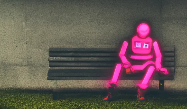 Prompt: neon cyberpunk spaceman suit sitting on a bench in the middle of a cyberpunk park, close shot, 8k, cinematic, epic, ultra detailed, award winning, trending on artstationHD, dramatic