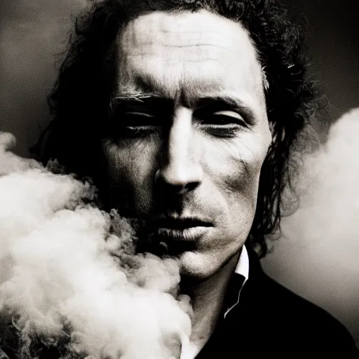 Image similar to annie liebovitz photo of a man, his head turning into a puff of smoke