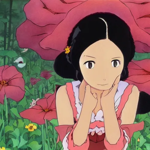 Image similar to beautiful mexican woman, black hair and brown eyes, studio ghibli, art by hayao miyazaki, makoto shinkai