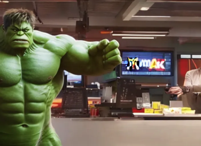 Image similar to film still of hulk working at mcdonalds drive through in the new avengers movie, 4 k