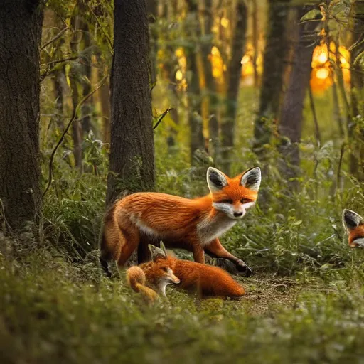 Prompt: ultradetailed portrait of a fox family in a forrest, sunset