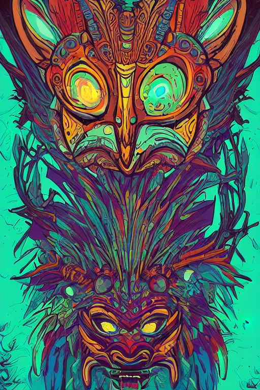 Image similar to totem animal mask tribal feather gemstone plant wood rock shaman vodoo video game vector illustration vivid multicolor borderlands comics by josan gonzales and dan mumford radiating a glowing aura