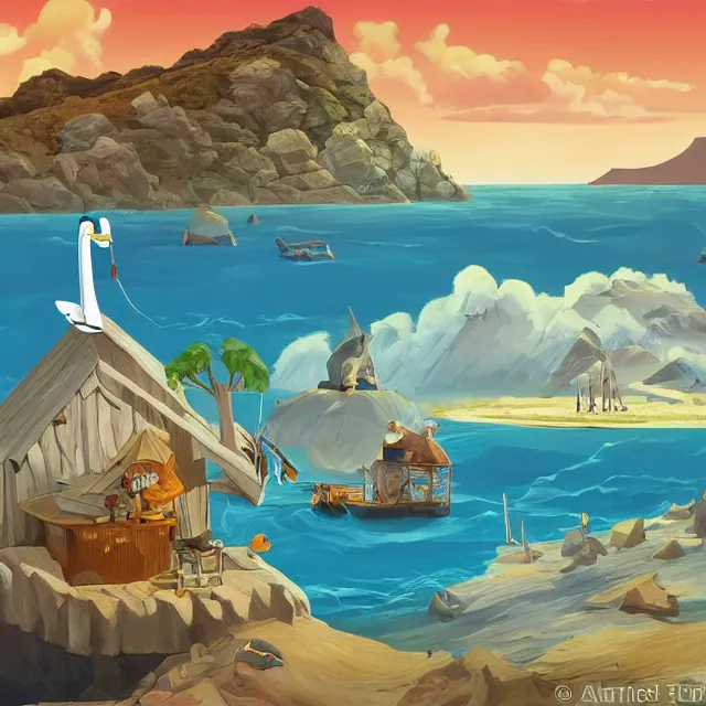 Image similar to a remote island research station in the middle of the ocean, rhads!!!, magical realism, archipelago, urban fantasy, saturday morning cartoon, clean linework, ( alexander archipenko ), ( tex avery ), western animation