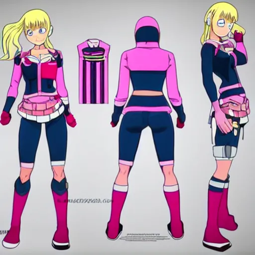 Image similar to concept art for a pink my hero academia costume for females, detailed