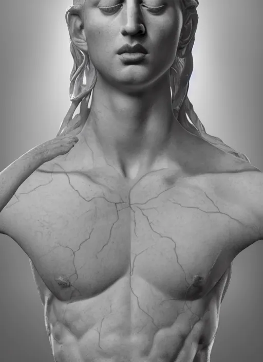 Image similar to a statue made of white marble with gold veins, of klay thompson, transhumanism, full body shot, perfect symmetrical body, perfect symmetrical face, hyper realistic, hyper detailed, by johannen voss, by peter kemp, by monia merlo, by michelangelo, octane render, blender, 8 k