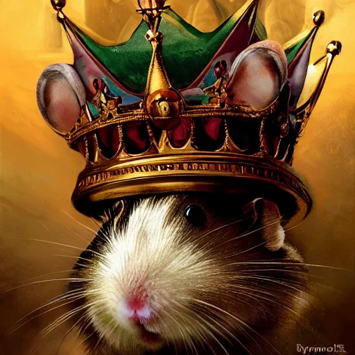 Image similar to a king hamster with a crown and a coat, painted by Raymond Swanland