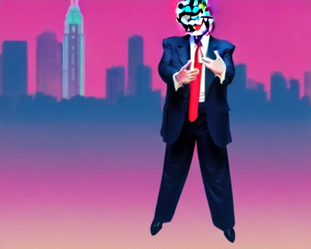 Image similar to Donald Trump in 80s workout gear, laser background, vaporwave aesthetic