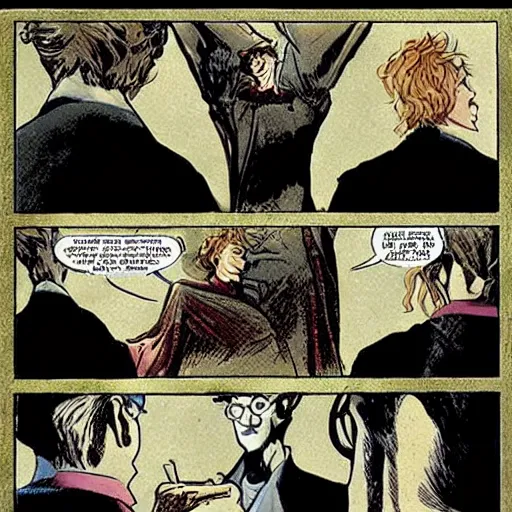 Prompt: in one frame Harry Potter talking to the Sandman in The Sandman comic, by Neil Gaiman, by Dave McKean, comics Sandman, small details, whole-length, clear faces, high detail