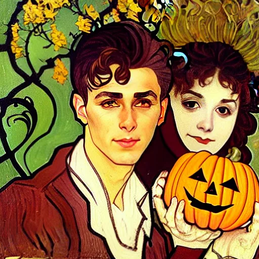 Image similar to painting of handsome young delicate beautiful jeffrey in his 2 0 s with brown hair and gorgeous rina together at the jack o'lantern halloween party holding pumpkins, elegant, clear, painting, stylized, art, art by alphonse mucha, vincent van gogh, egon schiele,