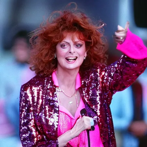 Prompt: 1 9 9 0 s video still of susan sarandon, wearing a vibrant pink sequin jacket, rapping on stage at a small outdoor concert, vhs artifacts