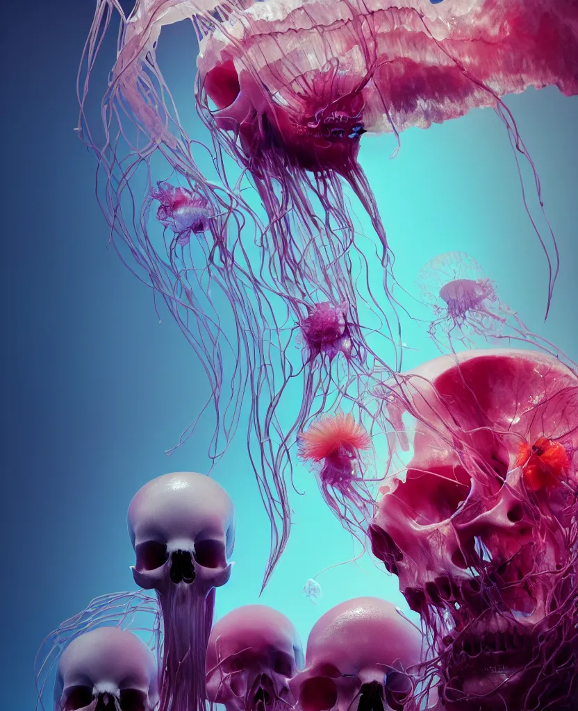 Image similar to composition of human skulls, animals skulls, bones, rib-cage. jellyfish orchids and betta fish, bioluminiscent, intricate artwork by Tooth Wu and wlop and beeple. octane render, trending on artstation, greg rutkowski very coherent symmetrical artwork. cinematic, hyper realism, high detail, octane render, 8k