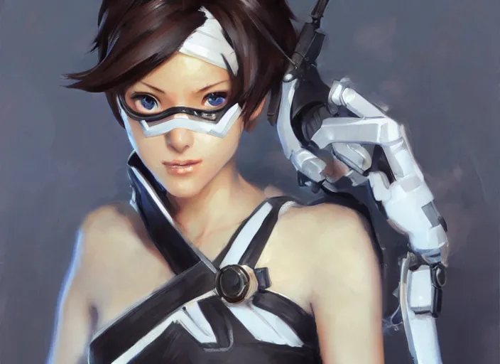 Image similar to a highly detailed beautiful portrait of tracer from overwatch as 2 b nier automata, by gregory manchess, james gurney, james jean