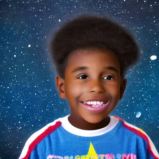 Image similar to A beautiful children's drawing of a young happy strikingly cute playful black boy that is an aspiring astronaut, he is also wearing a painted cardboard box on his head and wearing a cape on his back and playing with a toy shuttle in his playroom, symmetrical facial features, perfect facial proportions, galaxy color scheme, beautiful, 8k, HD, octane, unreal engine, volumetric lightning, upright,