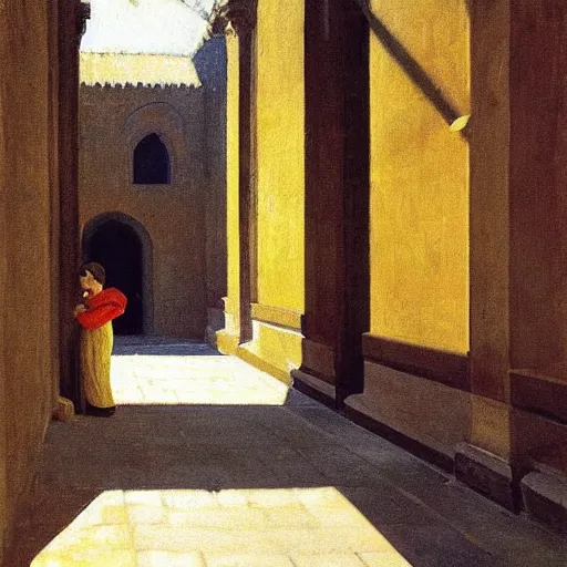 Image similar to in the distance, a little girl with short black hair and wearing a yellow coat alone in the inner courtyard of a cloister in an abbey, the light is bright and wintry, painting by hopper and de chirico