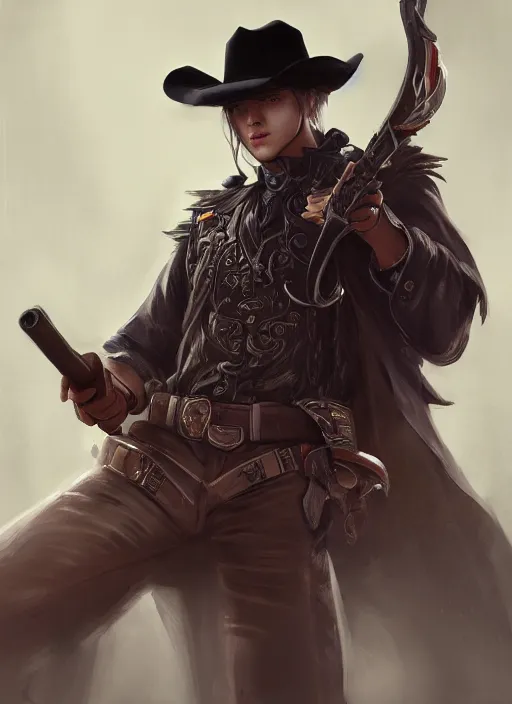 Prompt: a highly detailed illustration of bts v as cowboy wearing black cowboy hat, dramatic wielding gun pose, perfect face, intricate, elegant, highly detailed, centered, digital painting, artstation, concept art, smooth, sharp focus, league of legends concept art, wlop