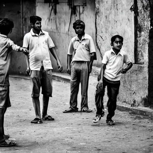 Prompt: four guys playing a game of cricket, on an indian street, award winning image, national geographic, dslr 3 0 mm image, black and white, wow, gorgeous