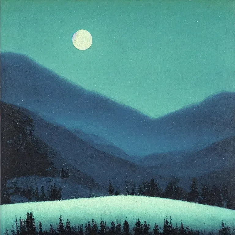 Image similar to new hampshire, mountains, winter, night, moon light, luminous, teal palette, arkhip kuindzhi, glaze oil painting