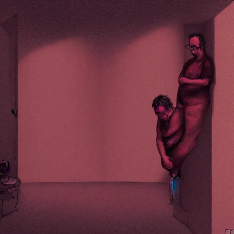 Image similar to sad and lonely psychedelic todd solondz crying alone in an empty appartment, diffuse lighting, fantasy, intricate, elegant, highly detailed, lifelike, photorealistic, digital painting, artstation, illustration, concept art, smooth, sharp focus, art by francis bacon