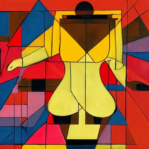 Prompt: beautiful sunset, fat woman dancing, cubism, red, yellow, orange, muted colors, geometric, texture