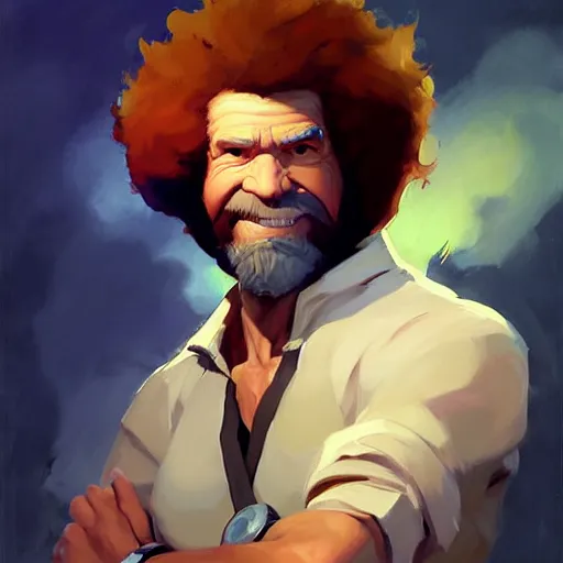 Prompt: Greg Manchess portrait painting of Bob Ross as Overwatch character, epic, medium shot, asymmetrical, profile picture, Organic Painting, sunny day, Matte Painting, bold shapes, hard edges, street art, trending on artstation, by Huang Guangjian and Gil Elvgren and Sachin Teng