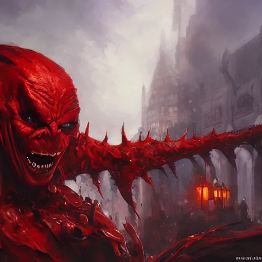 Prompt: red goblin, epic scene, paint by Raymond Swanland