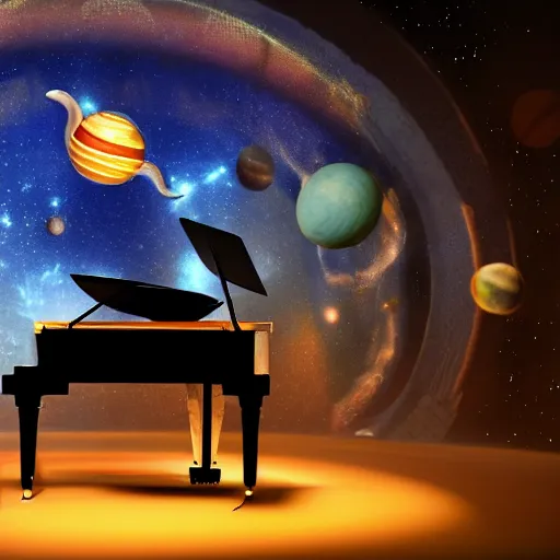 Image similar to a hyperrealistic 3D octane render of an elephant playing piano in a planetarium with planets and galaxies, trending on artstation, photorealism, 8k, 4K, dramatic lighting, glowing, volumetric lighting, ray tracing, unreal engine