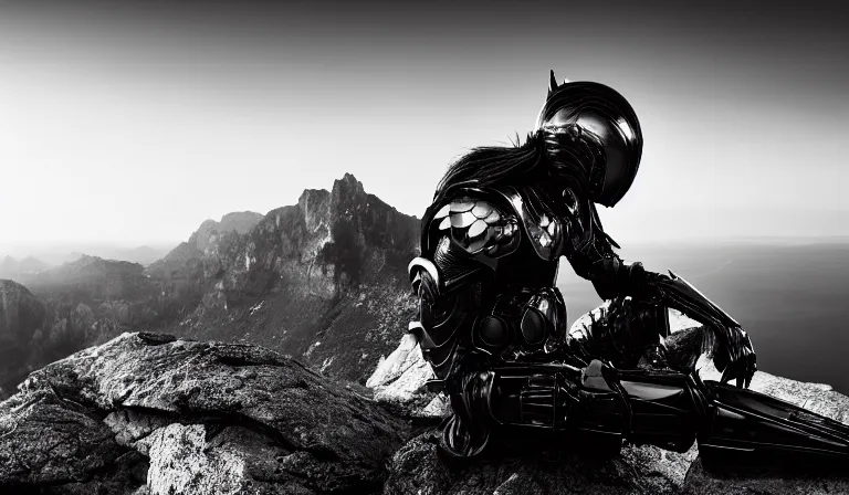 Prompt: black and white armor futuristic knight sitting on top of a mountain looking at the sunset, close shot, 8k, cinematic, epic, ultra detailed, award winning, trending on artstationHD, dramatic