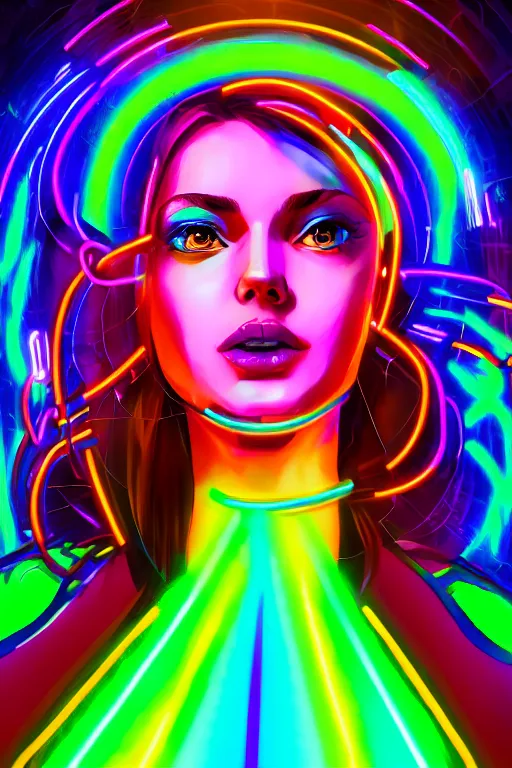 Prompt: a award winning half body portrait of a beautiful woman with stunning eyes in a croptop and cargo pants with hair like rainbow colored smoke, outlined by whirling illuminated neon lines, outrun, vaporware, shaded flat illustration, digital art, trending on artstation, highly detailed, fine detail, intricate