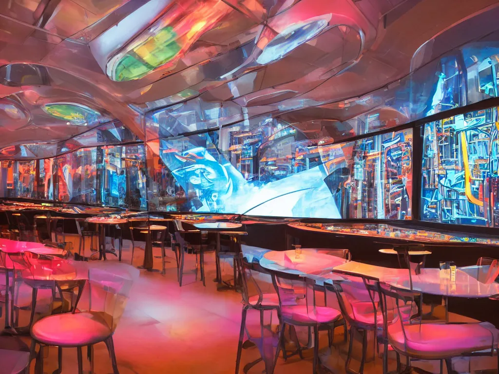 Prompt: visor with curved translucent screens projecting detailed sci - fi art, pixel perfect photograph, high contrast, volumetric lighting, thin glowing lights, restaurant, chairs, users, pair of keys