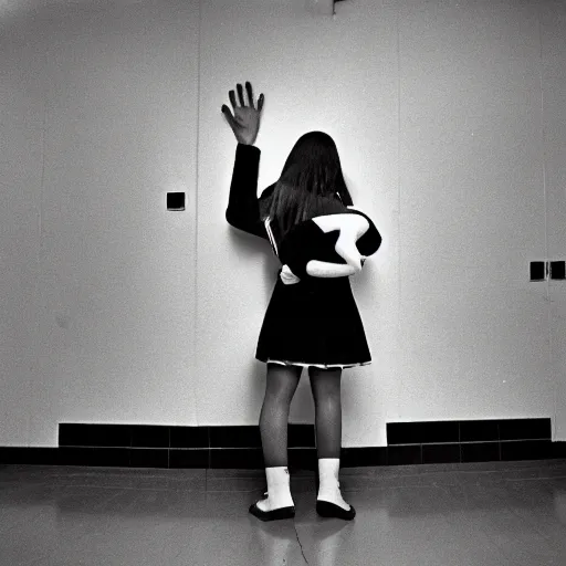 Image similar to teenage girl holds hands with inflatable toy boyfriend at high school, 1978 color Fellini film, in school hallway, dirty walls, archival footage, technicolor film, 16mm, live action, John Waters