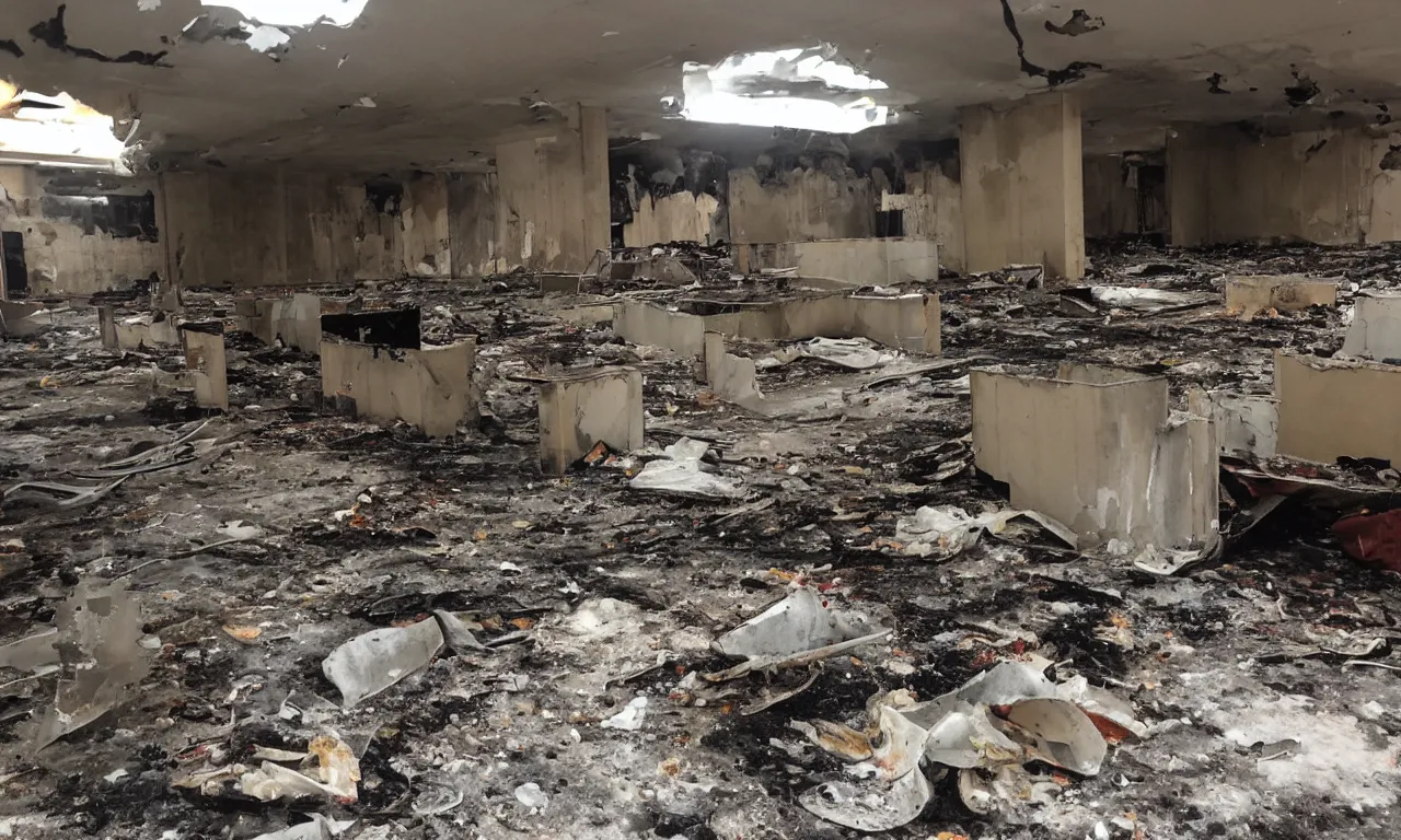 Prompt: backrooms abandoned mall, moldy walls and garbage on fire