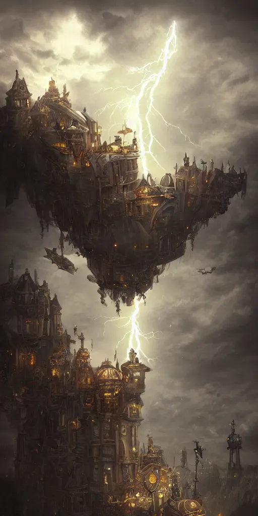 Image similar to Huge flying castle, steampunk digital art, dramatic lightning, trending on artstation, epic composition