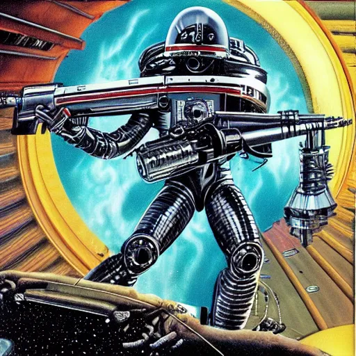 Image similar to 1 9 8 0's heavy metal album art, a shiny reflective detailed chrome cool cybernetic futurepunk 1 9 7 0's london punk rock android firing a giant rifle - style blaster rifle designed by ridley scott inside an alien spaceship