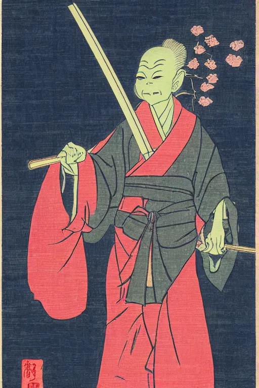 Image similar to Japanese woodblock print of Yoda holding a samurai sword , cherry blossom, Hokusai