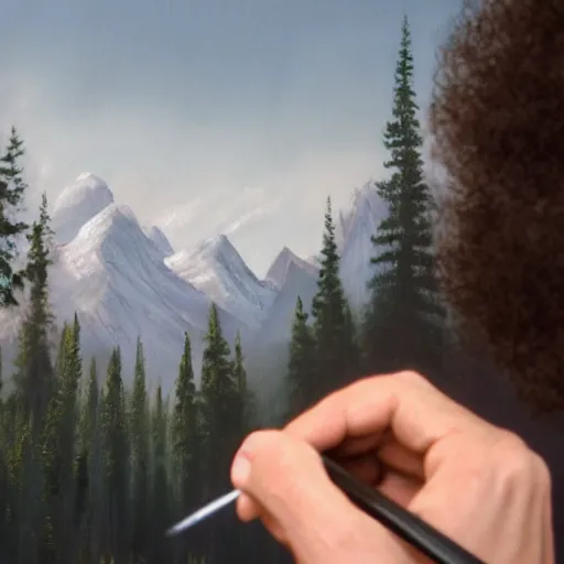 Image similar to a closeup photorealistic photograph of bob ross working on a canvas painting of darth vader. film still. brightly lit scene. mountains and trees. this 4 k hd image is trending on artstation, featured on behance, well - rendered, extra crisp, features intricate detail, epic composition and the style of unreal engine.