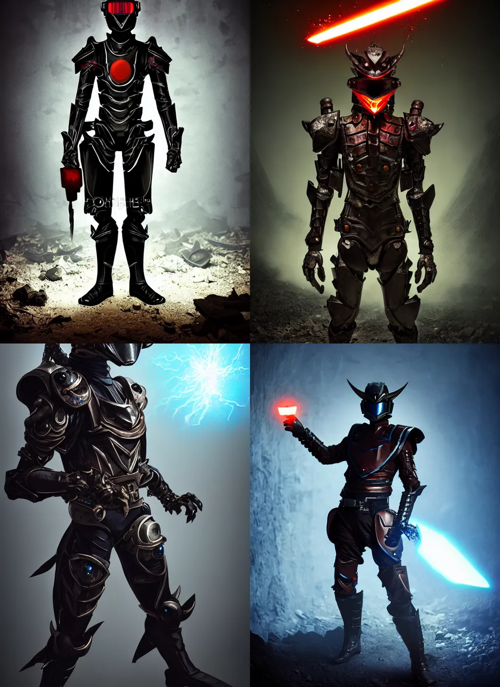 Prompt: character portrait of a high fantasy gunslinger kamen rider standing in an abandoned coal mine doing a henshin pose, glowing eyes in helmet, glowing eyes, demonic dragon inspired armor, broken pipes, muted colors, tense atmosphere, good value control, matte painting, sharp focus, 8 k, rubber suit, pvc armor, dramatic lighting, frank frazetta