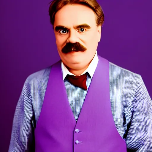 Prompt: friedrich nietzsche studio photography, purple background, smiling