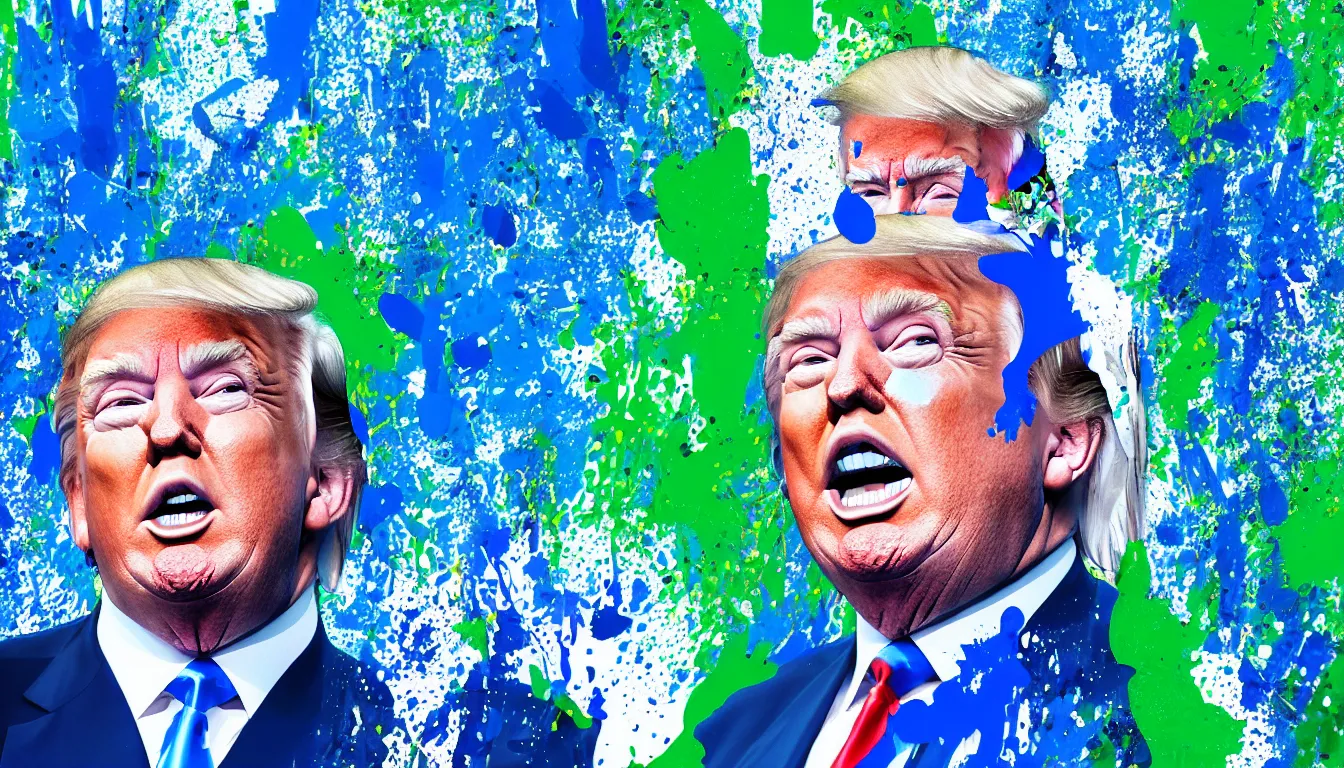 Prompt: portrait of donald trump with splashes of blue and green paint