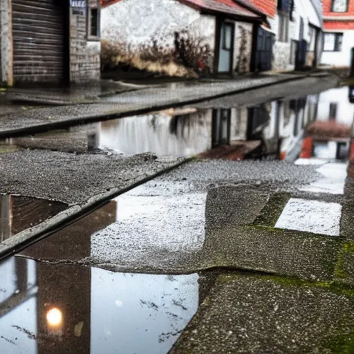 Prompt: still photo of rain puddles and reflections in a village, cloudy weather, highly detailed, photorealistic shot, bright studio setting, studio lighting, crisp quality and light reflections, unreal engine 5 quality render