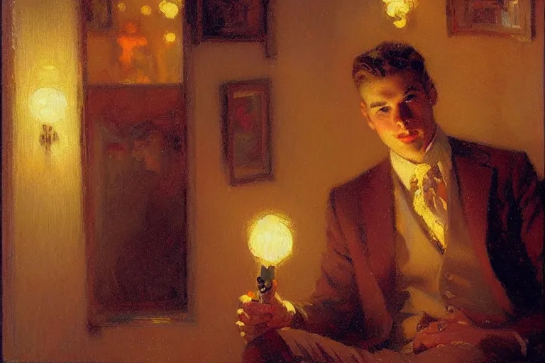 Image similar to winter, attractive male, neon light, painting by gaston bussiere, craig mullins, j. c. leyendecker