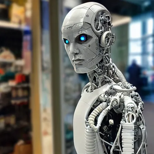 Image similar to photo of a human cyborg!! in sale, in a store display, hiding a dark secret, highly detailed face, cyberpunk, year 3022, !!!medium full shot!!!, depth of field, ISO 300, aperture f11, 1/100 obturation speed