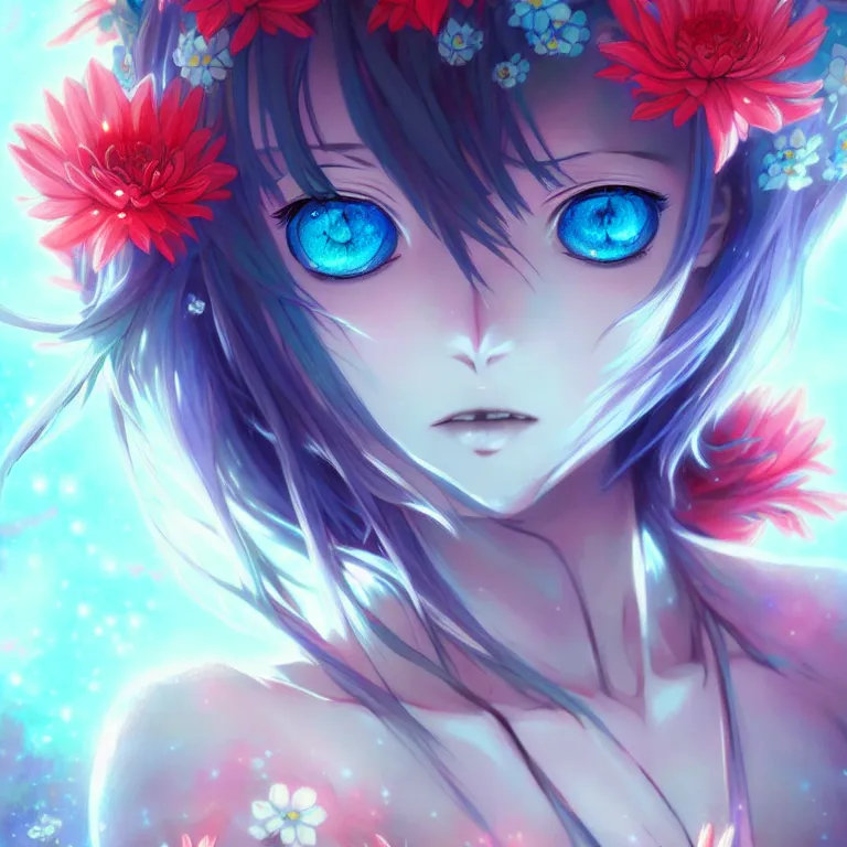 Image similar to stunning anime girl + blue eyes + flowers + colorful atoms, misty, mixed media art by cgsociety, 8 k, high resolution, in the style of charlie bowater, tom bagshaw, symmetrical, insanely detailed and intricate, beautiful, elegant, cinematic,, artstation