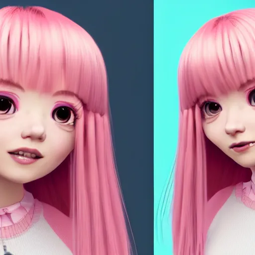 Image similar to A portrait of Nikki from Shining Nikki and Love, a cute 3d cgi toon young woman with long light pink hair, full bangs, hazel eyes, full face, light makeup, pale skin, Chinese heritage, cute outfit, medium shot, mid-shot, hyperdetailed, 8k, trending on artstation, as a Pixar character