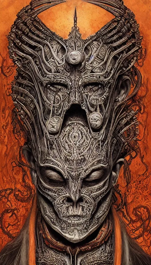 Image similar to immortal galactic emperor hybrid aztec fantasy beautiful angellic symmetrical human elven face skull mask tattoo pattern concept, teonanacatl glyph, intricate artwork by, Johnatan Wayshak, Zdizslaw Beksinski, face by Artgerm, H.R. Giger, very coherent artwork, cinematic, hyper realism, high detail, octane render, unreal engine, 8k, High contrast, higly detailed black ink outline, crosshatch sketch gradient