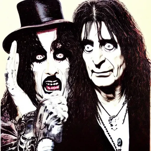 Image similar to alice cooper and ozzy osbourne in the style of american gothic