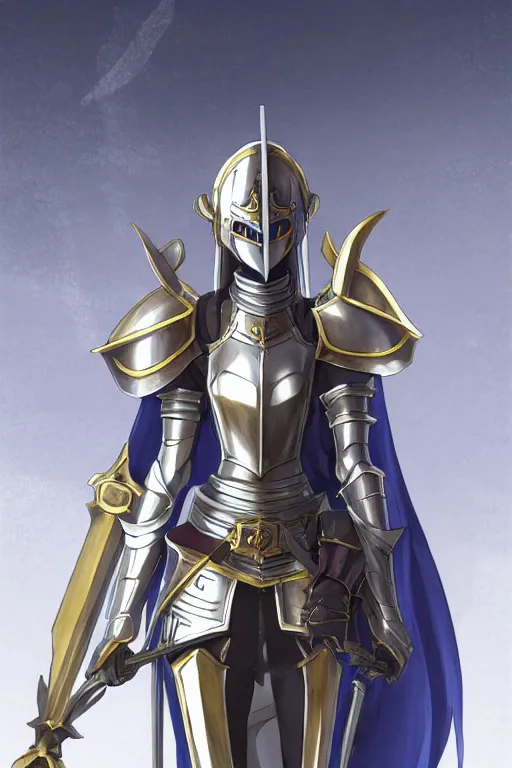 Image similar to anime key visual concept art of anime female knight standing in the doorway of a grand chapel, silver armor with gold trims, warscythe holstered on her back, trending on artstation, brush strokes, oil on canvas, style of kawacy and makoto shinkai and greg rutkowski and studio ghibli