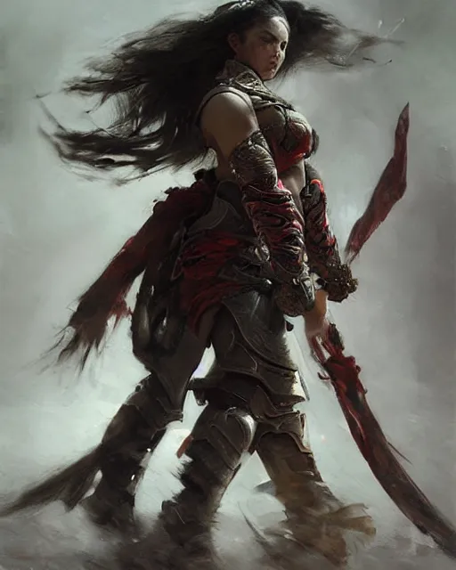 Prompt: a beautiful and strong female warrior by Ruan Jia