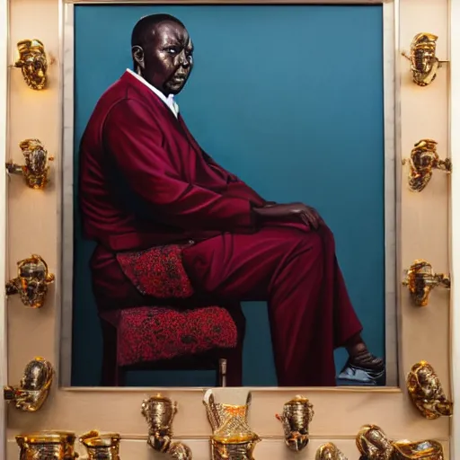 Image similar to a painting of a XXL wise elder from Kenya in a suit by Kehinde Wiley . Fatherly/daddy, focused, loving, leader, relaxed,. ethereal lights, details, smooth, sharp focus, illustration, realistic, cinematic, artstation, award winning, rgb , unreal engine, octane render, cinematic light, macro, depth of field, blur, red light and clouds from the back, highly detailed epic cinematic concept art CG render made in Maya, Blender and Photoshop, octane render, excellent composition, dynamic dramatic cinematic lighting, aesthetic, very inspirational, arthouse.