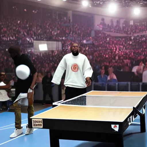 Prompt: kanye west playing table tennis against a clone of himself