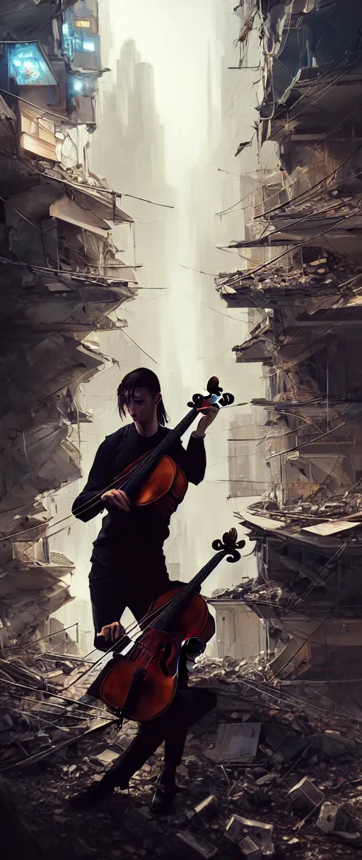 Prompt: a highly detailed portrait of a singular cellist playing in the rubble of a fallen building in a cyberpunk city, beautifully lit, concept art, sharp focus, in the style of steve argyle, artstation HD, octane render